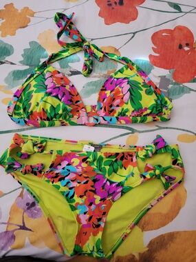 Aerie Vibrant Floral Bikini Set - Lime Green Multicolor
